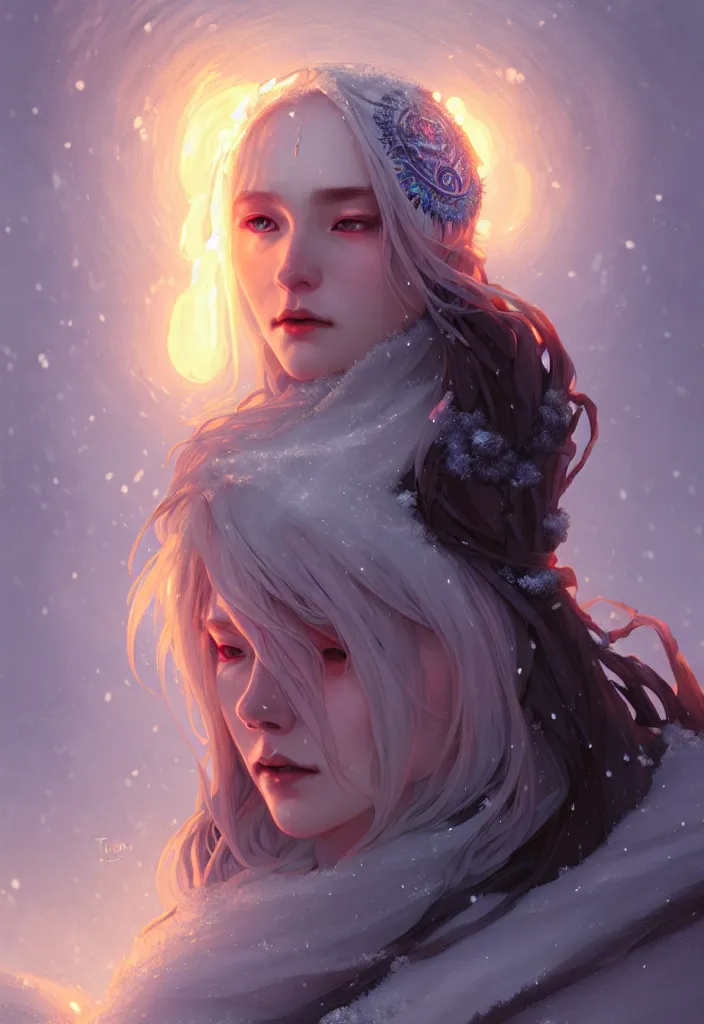 Image similar to beautiful ancient frost witch, eye fire, snow glow, snowfall, highly detailed, digital painting, artstation, sharp focus, illustration, art by tan zi and ayanamikodon and alphonse mucha and wlop