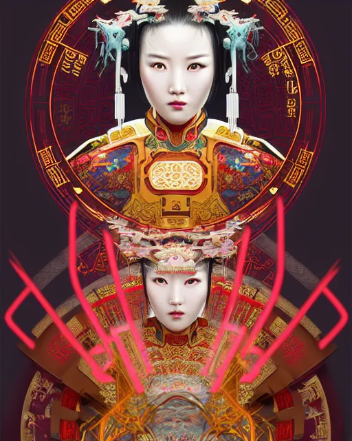 Image similar to portrait of a chinese cyberpunk machine, machine face, robed, upper half portrait, decorated with chinese opera motifs, regal, asian, fine china, wuxia, traditional chinese art intricate intense elegant 京 剧 highly detailed digital painting artstation concept art smooth sharp focus illustration, art by artgerm and greg rutkowski alphonse mucha 8 k