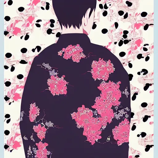 Prompt: A man wearing a black kimono with patterned pink flowers, digital art, trend in artstation, anime