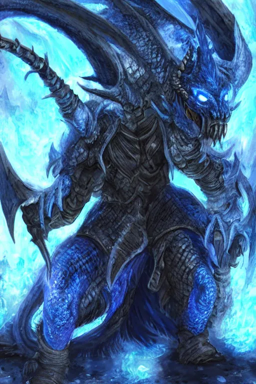 Prompt: a D&D character of a dark blue dragonborn with large tusks, only half of his face flaming with blue flame, he wears a black dragon scales armor, D&D art