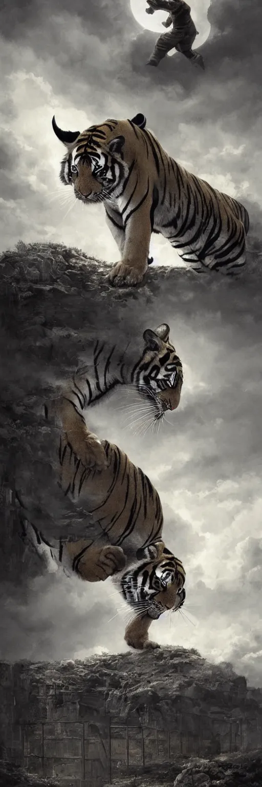 Prompt: a full side view Bengal Tiger walking parallel to 1950 3 storey plain block apparent, dramatic moonlight with some clouds, cinematic lighting, ultra detailed, highly detailed, sharp focus, scene et observed by 2 scaired blond European boys, photographic, art by artgerm and greg rutkowski and zdislav beksinski