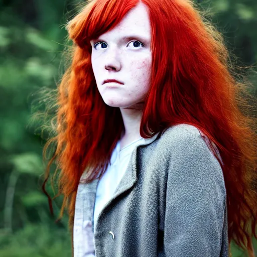 Prompt: portrait of an attractive tomboy girl with long crimson red hair and red eyes wearing a brown open jacket and green jeans with a stern look, album art, boards of canada