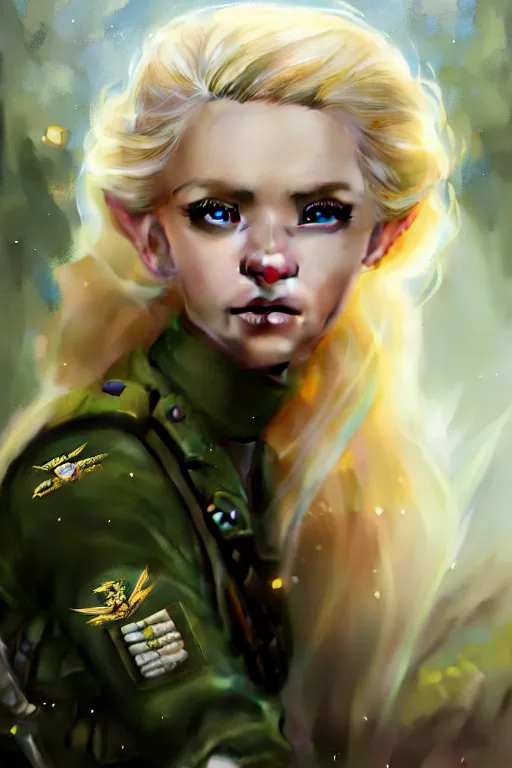 Image similar to cinematic shot of an epic portrait of a cute blonde fairy dressed in military clothes, stylised military clothes, shiny skin, beautiful eyes, beautiful, small details, night setting, realistic poster with volumetric light from craig mallism, artgerm, jeremy lipkin and michael garmash, unreal engine, radiant light, digital art, trends at art station, a masterpiece