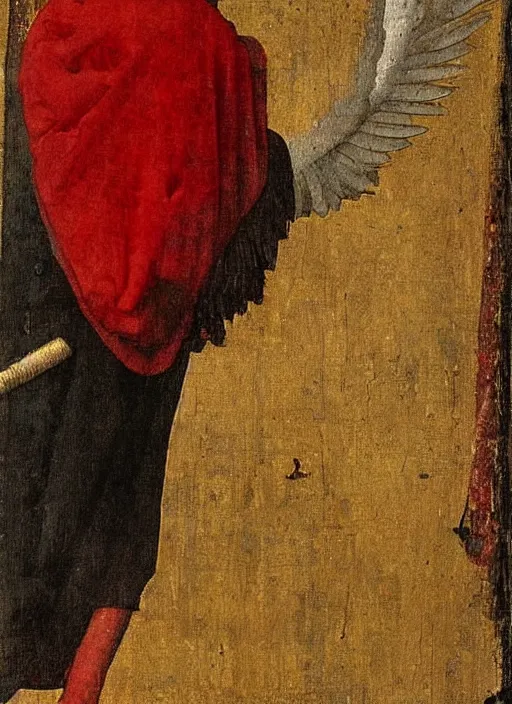 Image similar to Flying Fallen Angel dressed in red, Medieval painting by Jan van Eyck, Johannes Vermeer, Florence