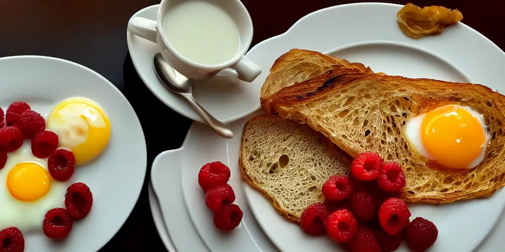 Prompt: photo of breakfast, close - up, low saturation, diffuse light