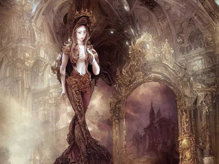 Image similar to full body portrait of a woman styled after a baroque cathedral 🍑, fantasy artwork, award winning, very very very very very very very beautiful scenery, artstation