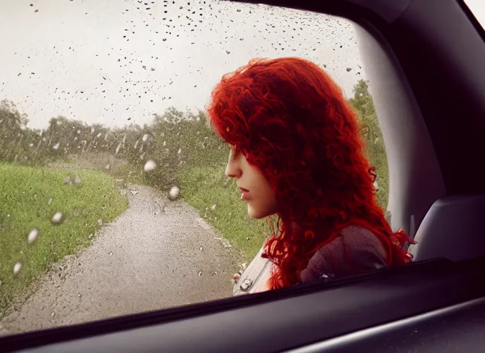 Image similar to A very high resolution image from a new movie, landscape from a car window , teen red hair woman, raining, hot, directed by wes anderson