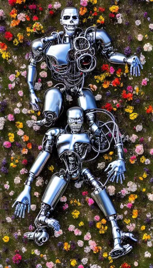 Image similar to destroyed terminator lying in a field of flowers, twisted metal, chrome, reflections, anthropomorphic, photorealism, smoke, metal, 8 k, surreal, wires, smooth, sharp focus, top view, extremely detailed, hyperrealism, elegant, establishing shot, by jeff koons, artgerm and greg rutkowski