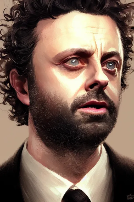 Prompt: Michael Sheen with light beard, curly hair, modern, hero, wearing a suit, highly detailed, digital painting, artstation, concept art, sharp focus, illustration, by greg rutkowski