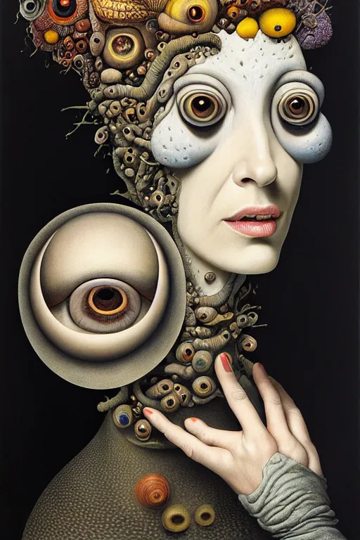 Image similar to a strange surrealist, biomorphic, portrait of a woman with large eyes wearing a black turtleneck, by dali, marco mazzoni, james jean and rachel ruysch, emotionally evoking, looming, head in focus, arcimboldo, volumetric lighting, masterpiece