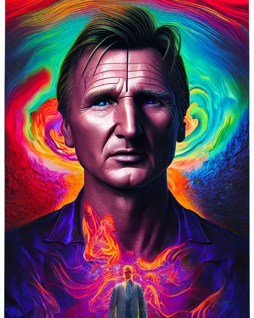 Image similar to portrait ultra dimensional liam neeson, accidentally tripping on dmt and acid, psychedelic experience, overwhelming psychosis of self realization and burning awakening, ultra high definition, unreal engine 5, hyperrealism, masterpiece composition, by casey weldon, barclay shaw 8 k photorealistic