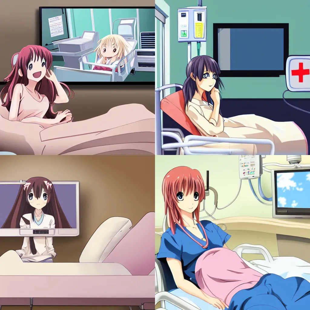 Prompt: cute art of beautiful anime girl watching tv on a hospital bed