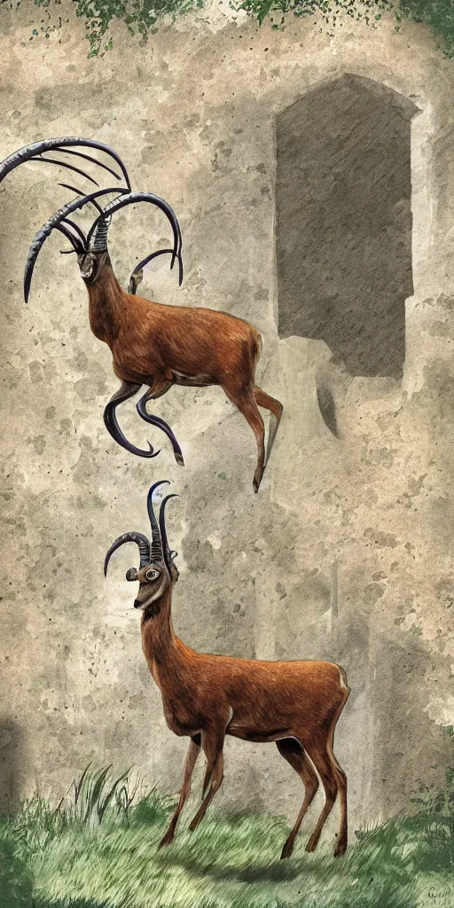 Image similar to ibex in a citadel, digital painting