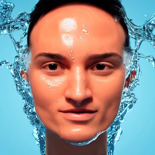 Image similar to a human head made of water, minimalist logo icon, white background, futuristic, glowing, hyper realistic, ray tracing, realistic water splashes, sharp focus, long shot, 8 k resolution