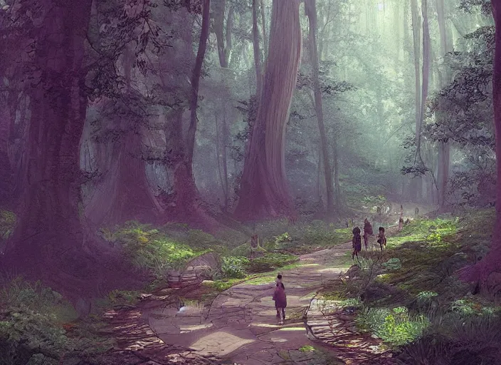 Image similar to A beautiful pathway in a forest, lush trees, flying fairies, a fantasy digital painting by Greg Rutkowski and James Gurney, trending on Artstation, highly detailed