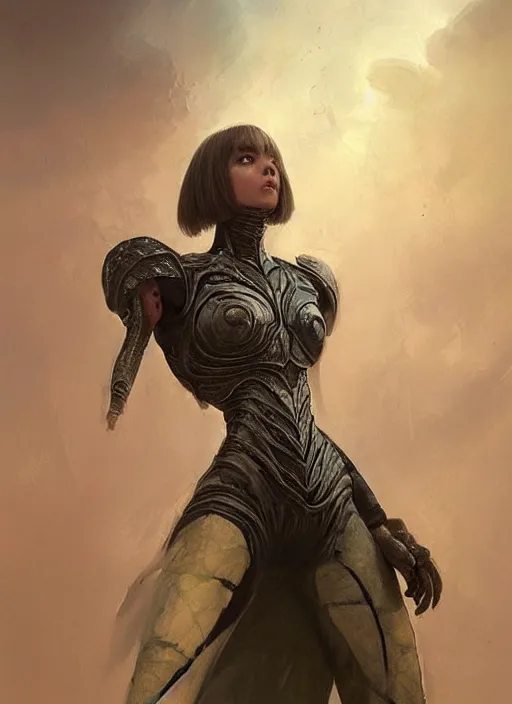 Image similar to a professional painting of a beautiful young female alien, clothed in ethereal armor, olive skin, long dark hair, beautiful bone structure, symmetrical facial features, intricate, elegant, digital painting, concept art, smooth, sharp focus, illustration, from Valerian and the City of a Thousand Planets, by Ruan Jia and Mandy Jurgens and Artgerm and William-Adolphe Bouguerea