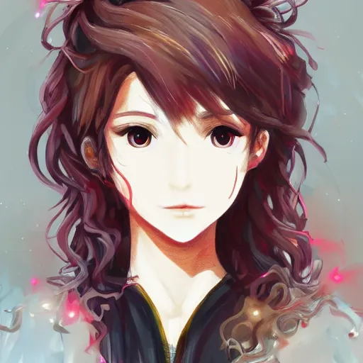 Prompt: sakura from the anime cardaptor sakura, messy curly hair, embers intricate and very beautiful and elegant, highly detailed, digital painting, artstation, concept art, smooth and sharp focus