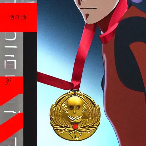 Prompt: red robot cancer cut a gold medal ribbon on the human neck, futuristic, ghibli