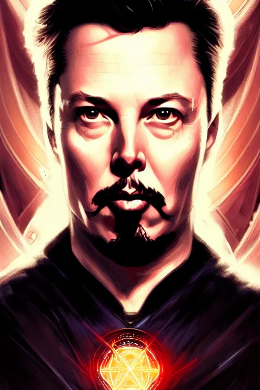 Image similar to elon musk as dr strange, realistic portrait, symmetrical, highly detailed, digital painting, artstation, concept art, smooth, sharp focus, illustration, cinematic lighting, art by artgerm and greg rutkowski and alphonse mucha