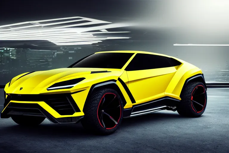 Image similar to cyberpunk lamborghini urus concept inspired sports car, futuristic look, highly detailed body, very expensive, photorealistic camera shot, bright studio setting, studio lighting, crisp quality and light reflections, unreal engine 5 quality render