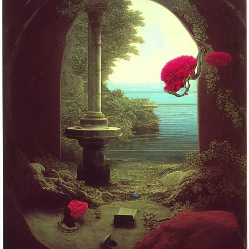 Image similar to David Friedrich, award winning masterpiece with incredible details, Zhang Kechun, a surreal vaporwave vaporwave vaporwave vaporwave vaporwave painting by Thomas Cole of an old pink mannequin head with flowers growing out, sinking underwater, highly detailed