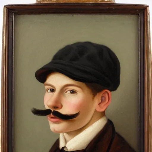 Prompt: portrait of a british young man in a flat cap, a small mustache, and a nice brown suit, oil painting