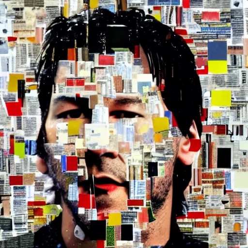 Image similar to portrait of keanu leaves, paper collage, mimmo rotella.