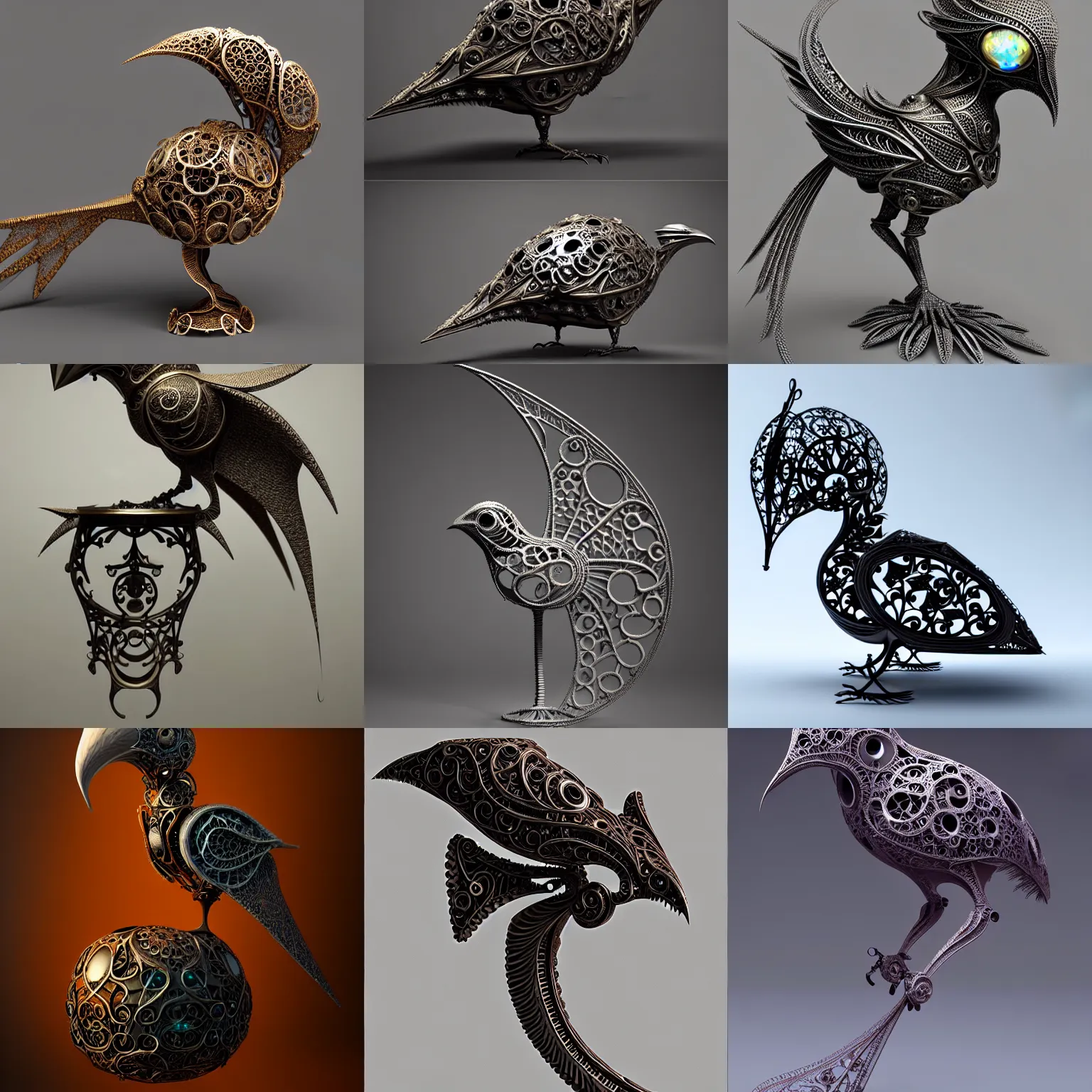 Prompt: hollow filigree bird - shaped machine, with a magic gemstone inside it, detailed 8 k, award - winning photography trending on artstation, cgsociety, deviantart