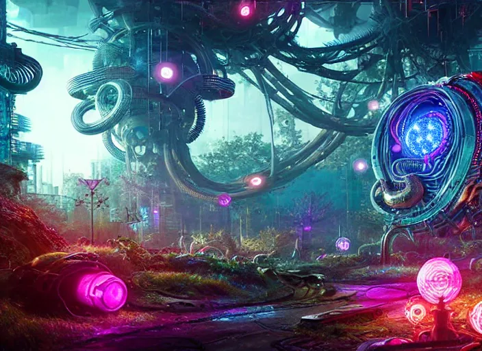 Image similar to giant intricate mechanical snail with cybernetic enhancements and visible gears and fiber optics, on the background of a weird magical mechanical forest. Very detailed 8k. Fantasy cyberpunk horror. Sharp. Cinematic post-processing. Unreal engine. Nanite. Ray tracing. Parallax. Tessellation