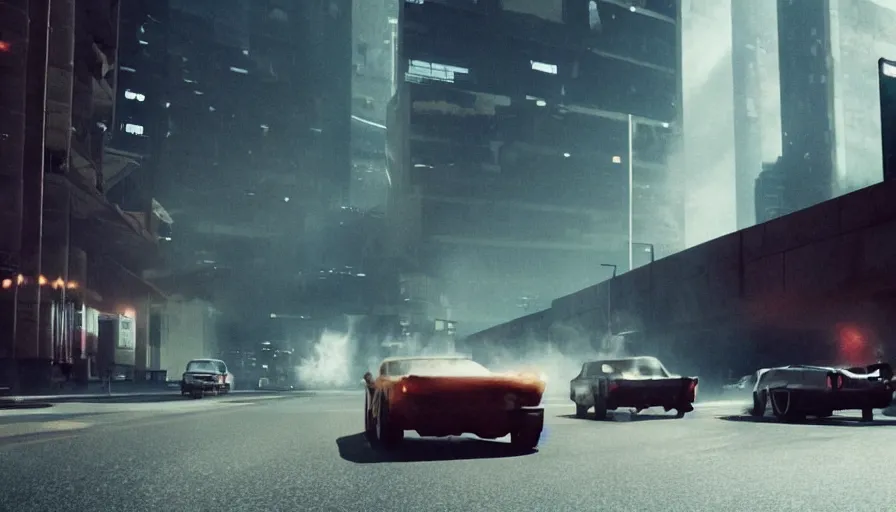 Prompt: Cinemascope. Motion blur Sci-fi car chase inside a city with brutalism architecture. film still by Denis Villeneuve