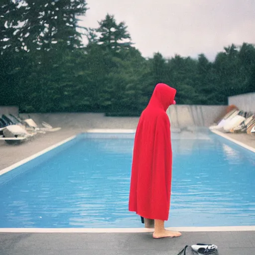 Prompt: woman in hooded cloak standing in a pool, kodak vision3 500t