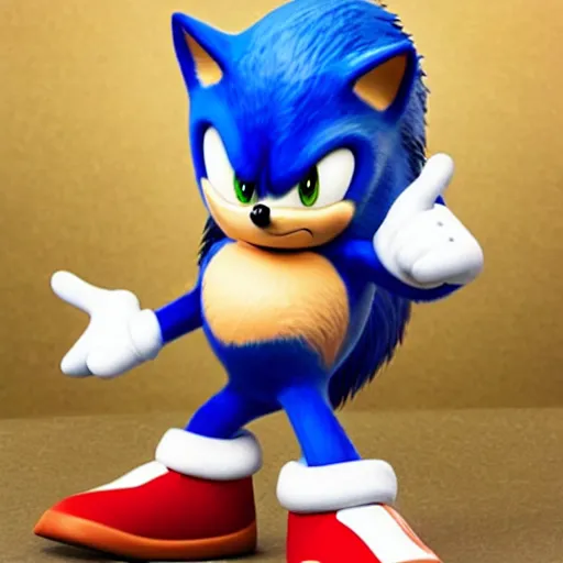 Image similar to fat sonic the hedgehog, excited to see a chili dog