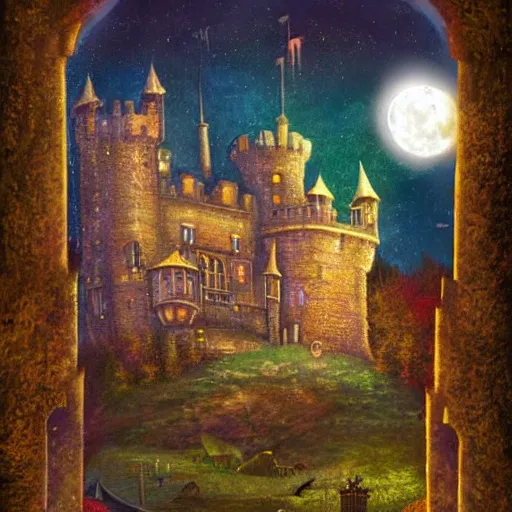 Prompt: elaborate fantasy painting of haunted castle at night, full moon, fantasy book cover