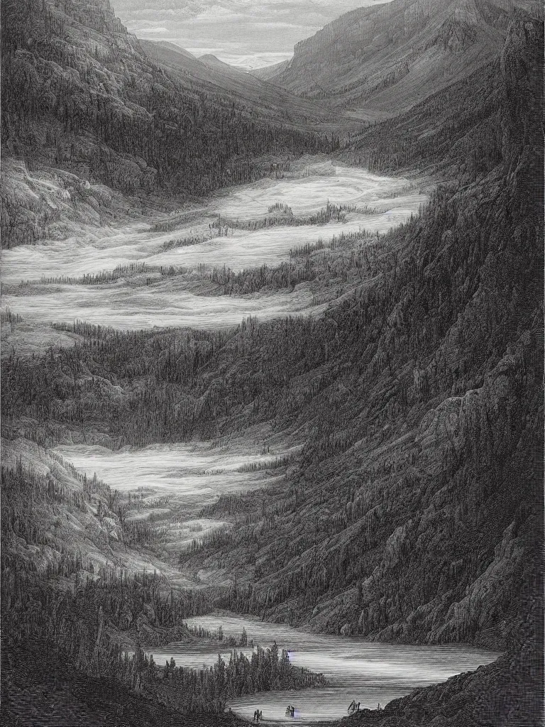 Image similar to an engraving of yellowstone national park by gustave dore and albrecht durer highly detailed, fog, depth, lithograph engraving