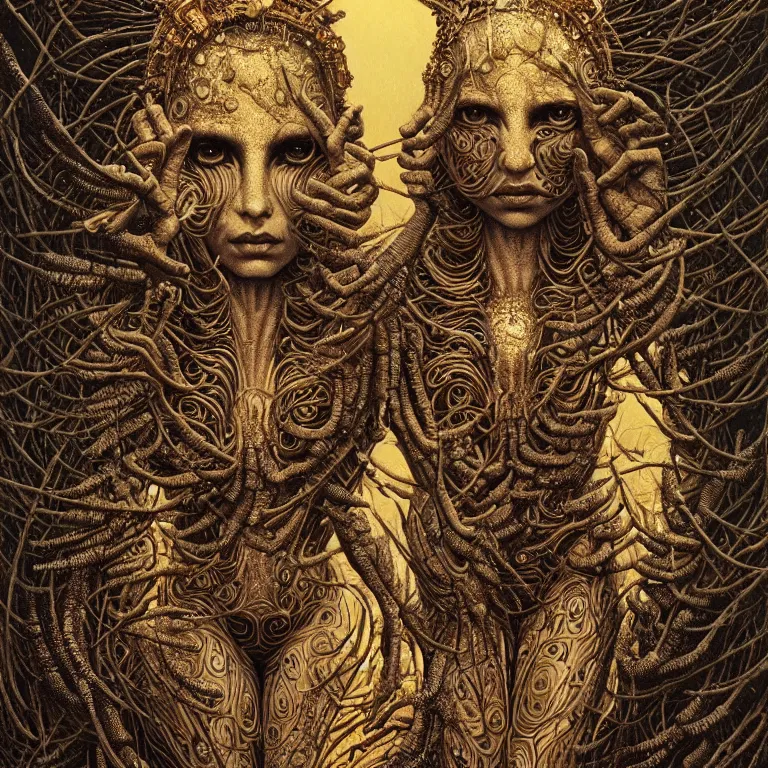 Image similar to Goddess of the golden harvest painting by Dan Hillier and H. R. Giger and Greg Rutkowski, intricate, highly detailed, trending on artstation, artstationHD, artstationHQ, 4k, 8k, sharp, rich vivid colors