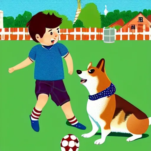 Image similar to illustration of french boy in paris playing football against a corgi, the corgi is wearing a polka dot scarf