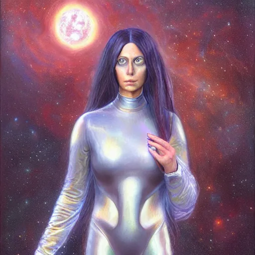 Image similar to pleiadian woman with big eyes and long silver hair wearing a dark body suit and holding a plasma gun as a realistic sci fi character, portrait art by donato giancola and greg rutkowski, digital art, trending on artstation, standing in a barren field