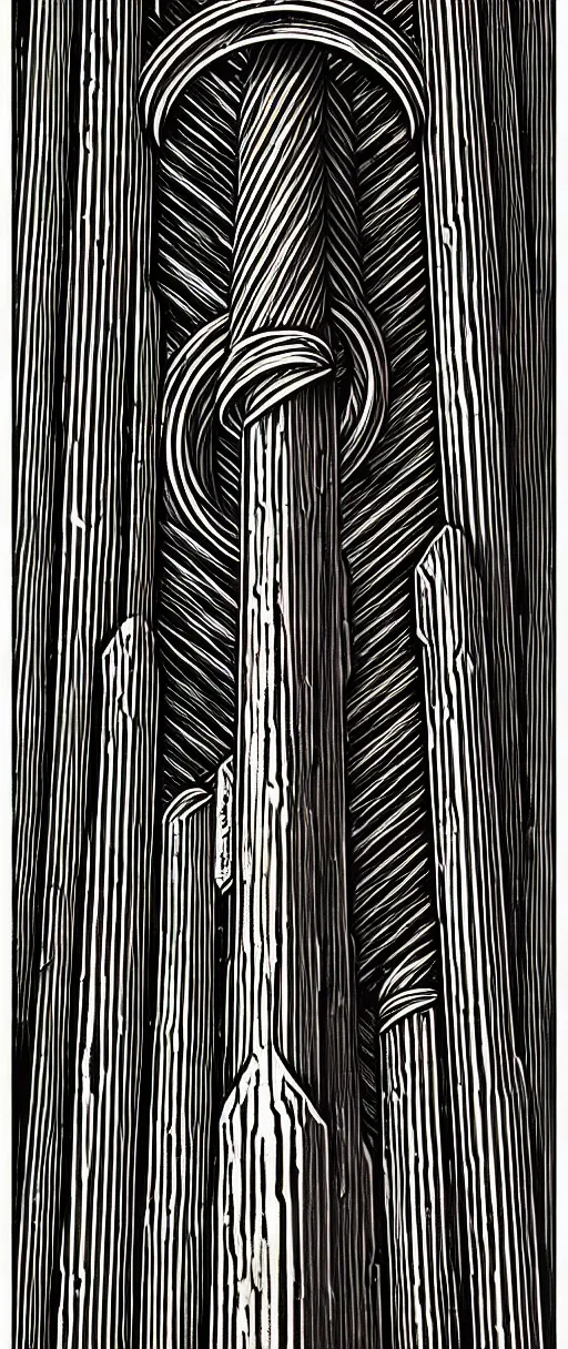 Image similar to a double helix wood carved pillar, high details, lineart, by vincent di fate, inking, 3 color screen print, masterpiece, trending on artstation, sharp, high contrast, hyper - detailed,, hd, 4 k, 8 k