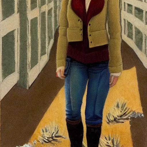 Image similar to emma stone in boots walking to outdoor toilet, winter, russian depression, chthonic, sharp focus, detailed, art by grant wood