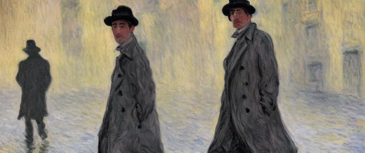 Image similar to a single!!!!!!! drunk and depressed film noir detective in a trench-coat, walking along a street; a painting by Claude Monet