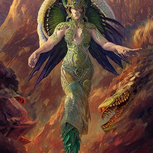 Image similar to quetzalcoatl in an epic battle with garuda, fantasy, d & d, intricate, elegant, highly detailed, digital painting, artstation, concept art, matte, sharp focus, illustration, art by john collier and albert aublet and krenz cushart and artem demura and alphonse mucha