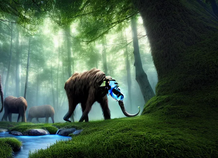 Prompt: hyperrealism, detailed textures, photorealistic 3 d render, a surreal mystical forest with a bright winding blue creek, wooly mammoths grazing, sharp focus, ultra realistic, ultra high pixel detail, cinematic, intricate, cinematic light, concept art, illustration, art station, unreal engine 8 k