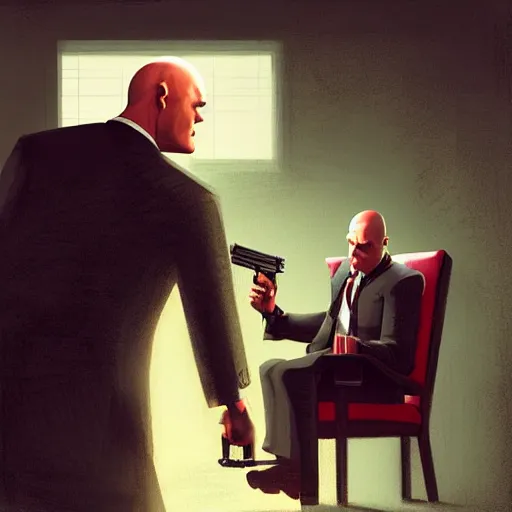 Prompt: agent 4 7 with a silenced pistol approaching a man in a chair, by marc simonetti