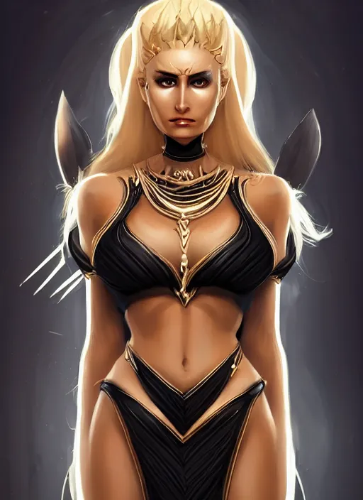 Image similar to a highly detailed illustration of fierce blonde tanned skin goddess ereshkigal wearing black dress, dramatic powerful pose, perfect face, perfect body, muscular, intricate, elegant, highly detailed, centered, digital painting, artstation, concept art, smooth, sharp focus, league of legends concept art, wlop