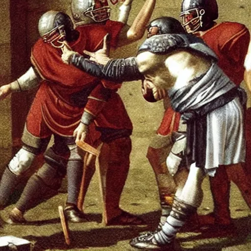 Prompt: Coach Belichick in ancient Rome trying to teach centurions how to play football