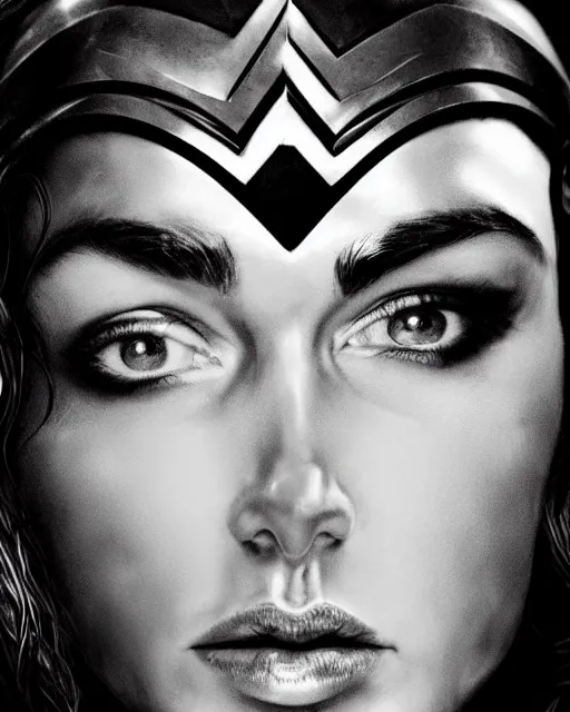 Prompt: tired angry wonderwoman portrait hd sharp monochrome cosmic horror photo with mix of gal Gadot and Linda Carter in giger sorayama style detailed trending on artstation Leica Zeiss depth of field