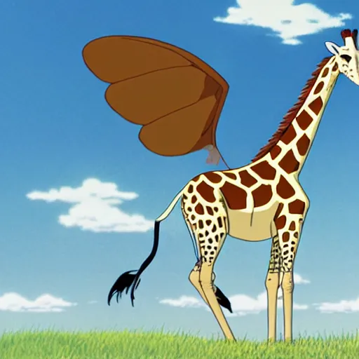 Image similar to giraffe with butrerfly wings on its back, full body shot, wings, by studio ghibli