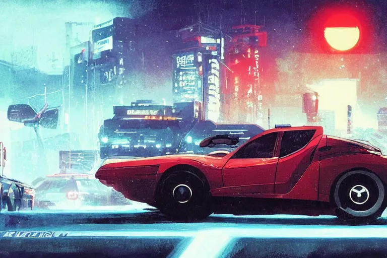 Prompt: akira cyberpunk autozam az - 1 police car with lights flashing speeding down highway at high speed at night by greg rutkowski makoto shinkai takashi takeuchi studio ghibli, akihiko yoshida