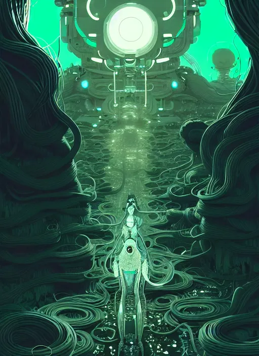 Prompt: highly detailed portrait of a biopunk long curly white hair tribal lady, stray wiring by atey ghailan, james gilleard, by joe fenton, by greg rutkowski, by greg tocchini, by kaethe butcher, 4 k resolution, gradient green, black and white color scheme!!! ( ( irradiated robotic mountain landscape background ) )