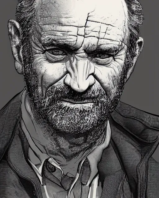 Image similar to closeup portrait of a dirty tired old man man standing on a bridge, detailed illustration, digital art, trending on artstation, martin ansin, b & w,